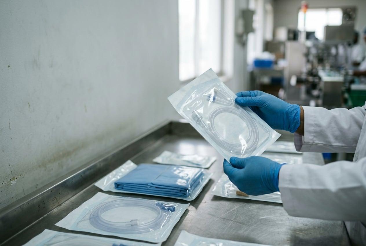 Quality checking sterile single-use surgical catheters and drapes in sealed blister packs on stainless steel bench