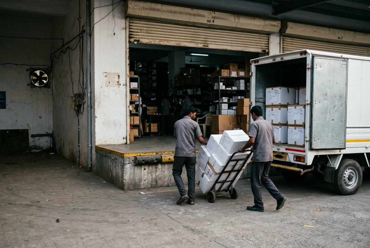 Dispatch bay of Indian medical supplies distributor with workers loading sealed cartons onto delivery truck