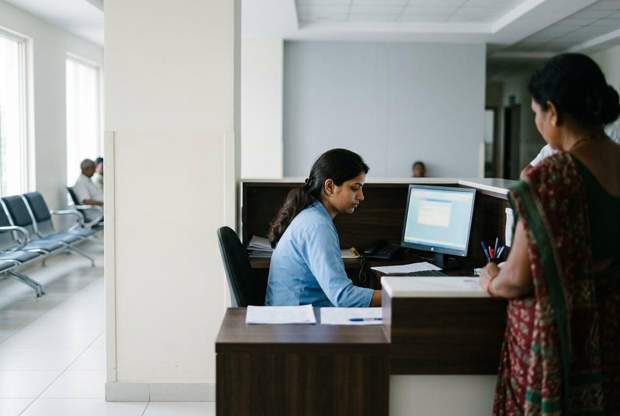 Reception and registration counter in an Indian hospital with receptionist working at computer terminal