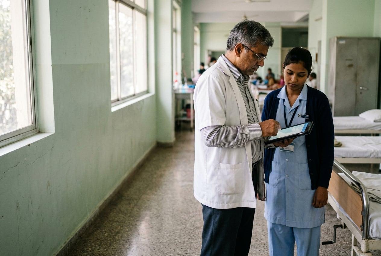 Doctor and nurse reviewing digital patient records on a tablet computer in a hospital ward