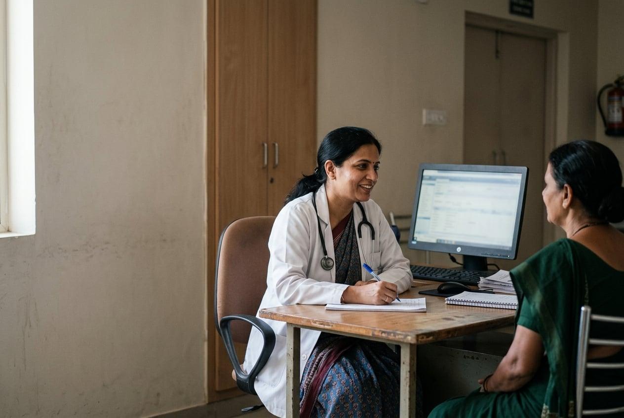 Doctor conducting an outpatient consultation in a hospital room with medical records on computer monitor